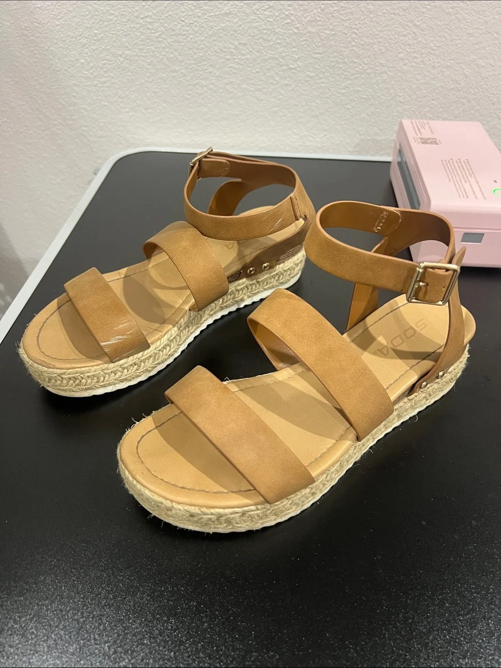 Soda Tan Strappy Espadrille Platform Sandals with Ankle Buckle